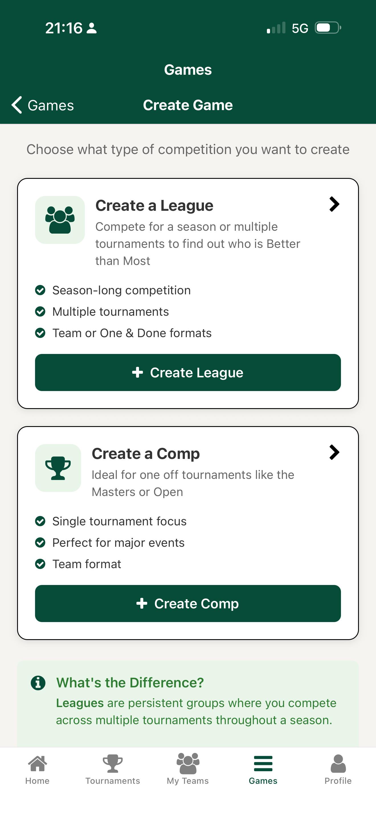 Create private fantasy golf league screen in Better than Most app for setting up competitions with friends and family