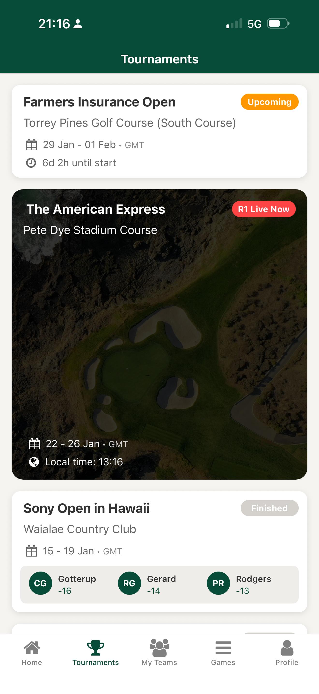 Complete PGA Tour season schedule in Better than Most fantasy golf app showing all tournaments, majors, and results