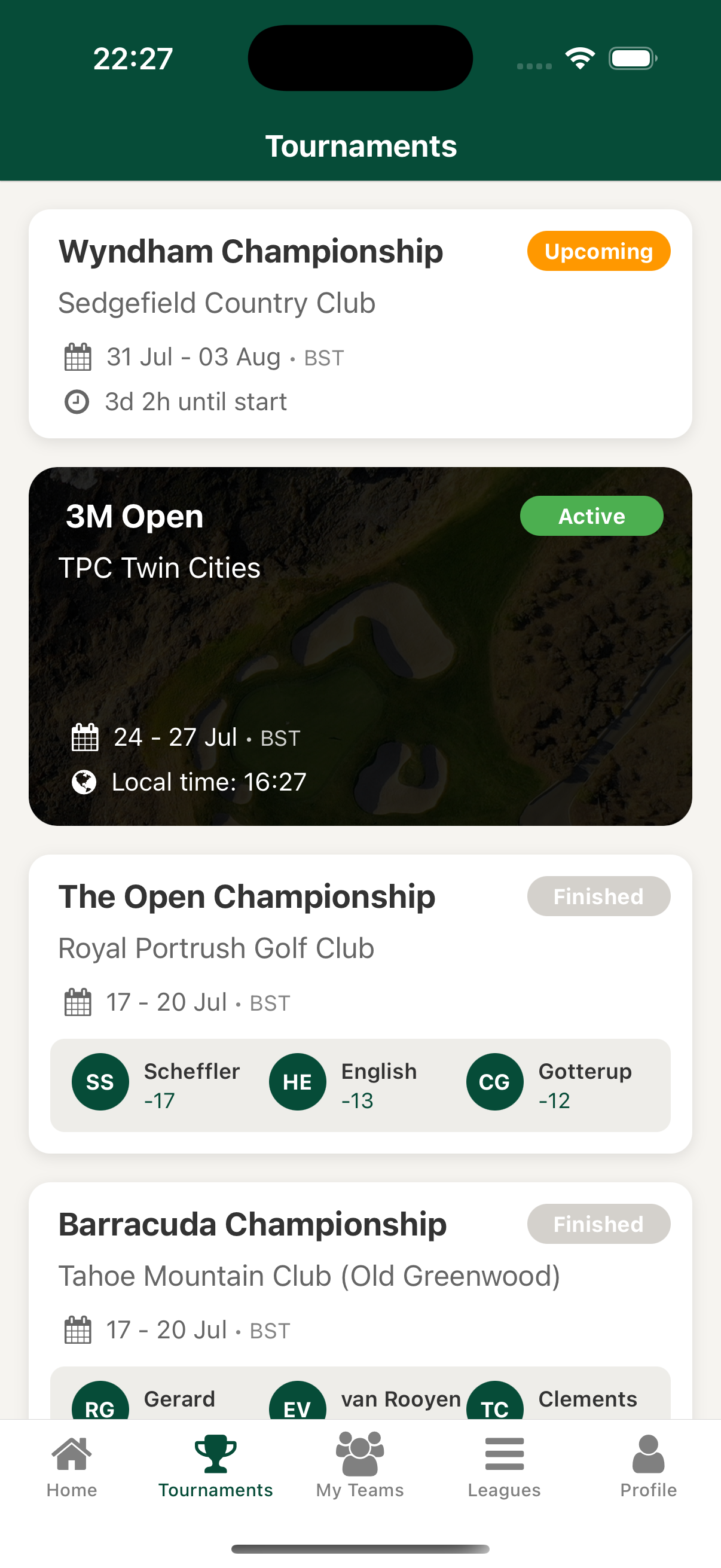 Complete PGA Tour season schedule and tournament results in fantasy golf app